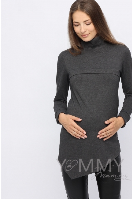 Джемпер для кормящих и беременных с асимметричным низом, темно-серый меланж