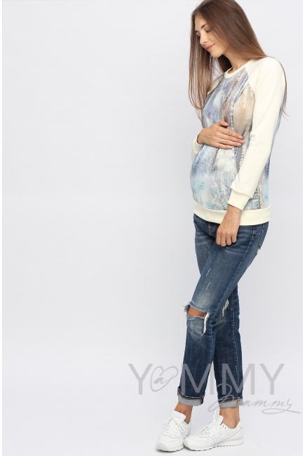 Свитшот для кормящих и беременных, экрю / серо-небесный рисунок