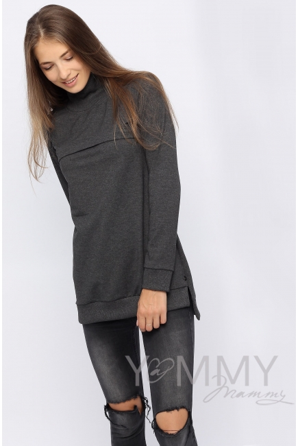 Джемпер для беременных и кормящих с высоким горлом, темно-серый меланж