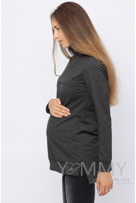 Джемпер для беременных и кормящих с высоким горлом, темно-серый меланж