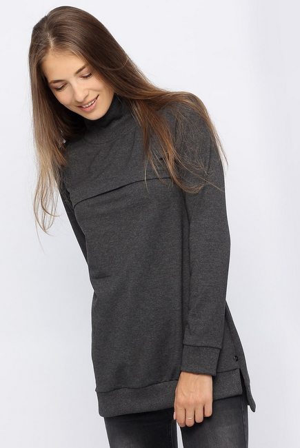 Джемпер для беременных и кормящих с высоким горлом, темно-серый меланж