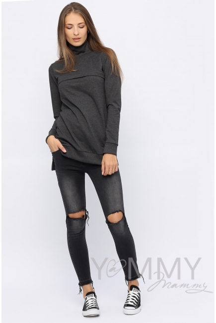 Джемпер для беременных и кормящих с высоким горлом, темно-серый меланж