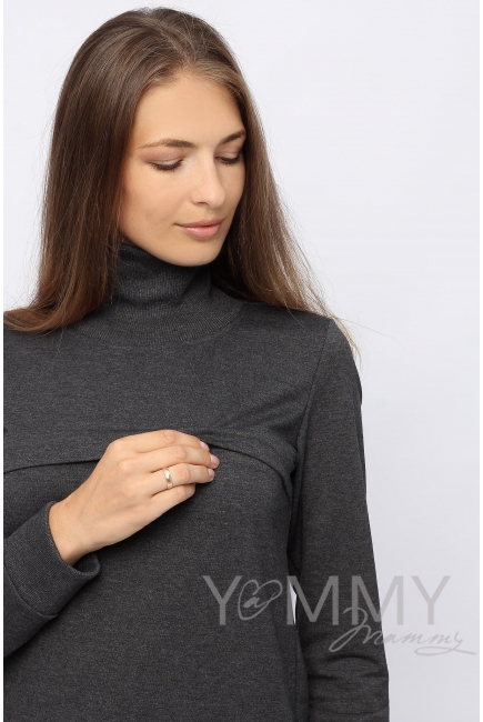 Джемпер для беременных и кормящих с высоким горлом, темно-серый меланж