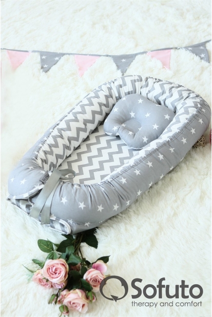 Кокон-гнездышко для новорожденных Babynest Stars and Waves Silver