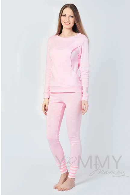 Домашний костюм для кормящих и беременных белая/розовая полоска