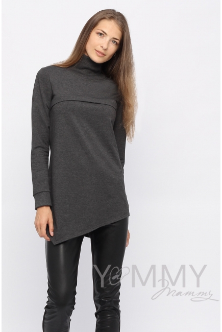 Джемпер для кормящих и беременных с асимметричным низом, темно-серый меланж