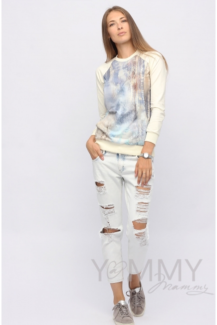 Свитшот для кормящих и беременных, экрю / серо-небесный рисунок