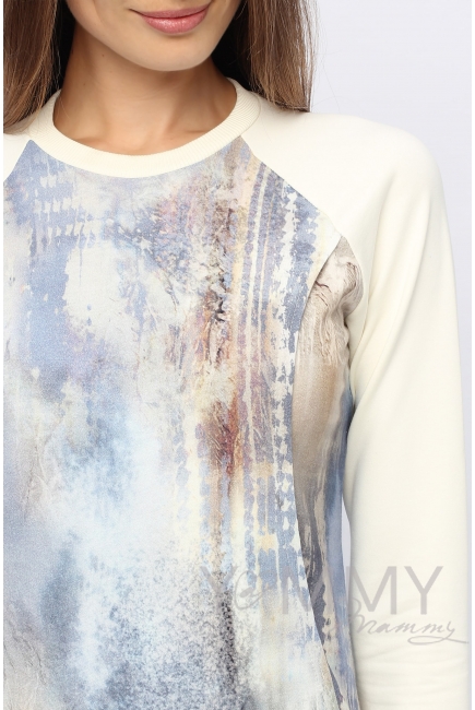 Свитшот для кормящих и беременных, экрю / серо-небесный рисунок