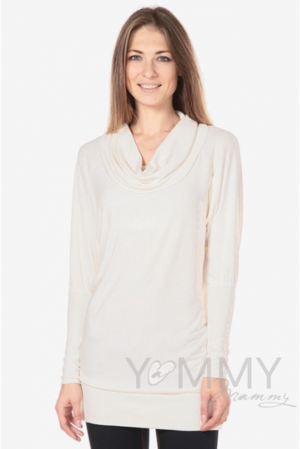 Платье-туника для кормящих и беременных с воротником "хомут", экрю