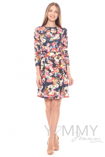 Платье для кормящих и беременных со складками, синий/цветы