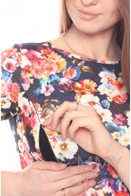 Платье для кормящих и беременных со складками, синий/цветы