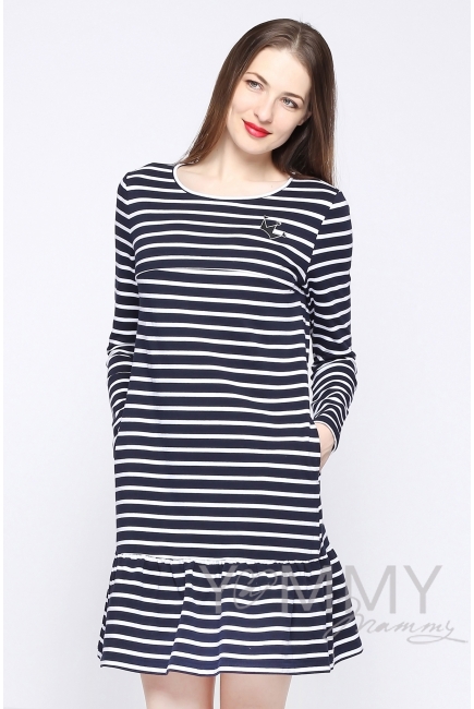 Платье для кормящих и беременных с воланом, синее в полоску