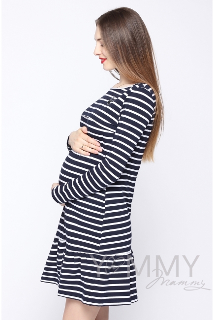 Платье для кормящих и беременных с воланом, синее в полоску