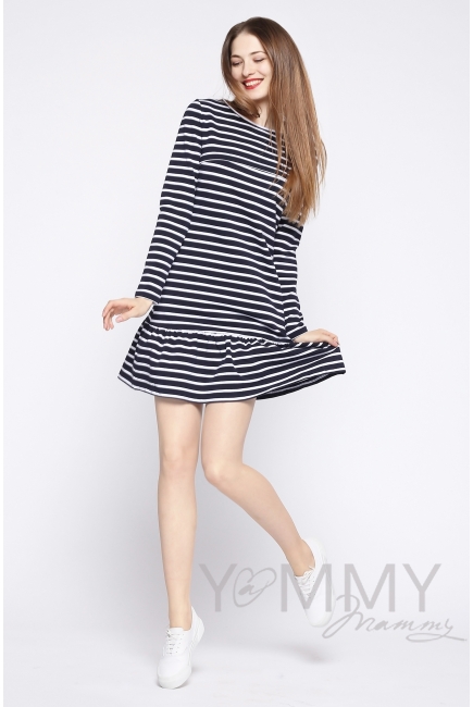 Платье для кормящих и беременных с воланом, синее в полоску