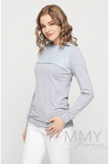 Свитшот для беременных и кормящих с секретом на молнии, серый меланж с кружевной вставкой