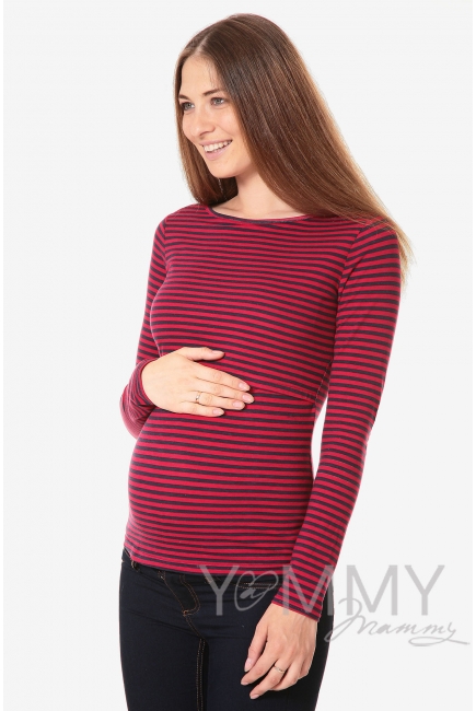 Лонгслив для кормящих и беременных, бордовый в синюю полоску