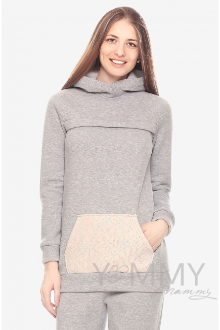 Толстовка для кормящих и беременных "худи" с начесом, серый меланж