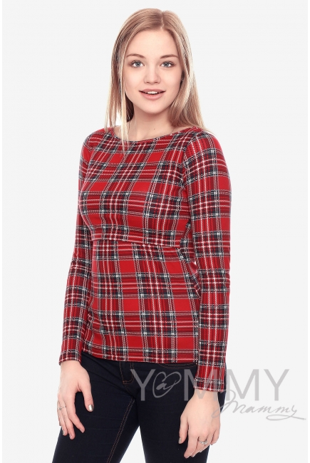Лонгслив для кормящих и беременных, в красную клетку