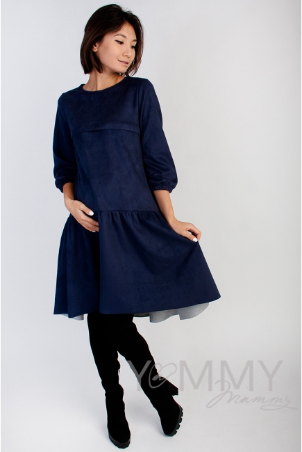 Замшевое платье для беременных и кормящих с воланом, темно-синее