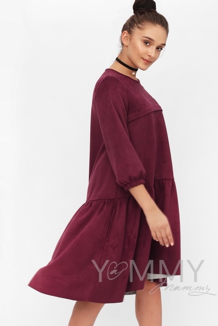 Замшевое платье для кормящих и беременных с воланом, марсала