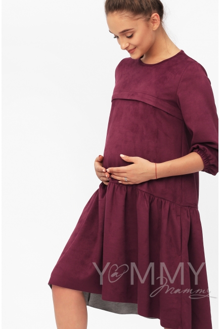 Замшевое платье для кормящих и беременных с воланом, марсала