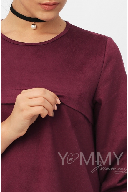 Замшевое платье для кормящих и беременных с воланом, марсала