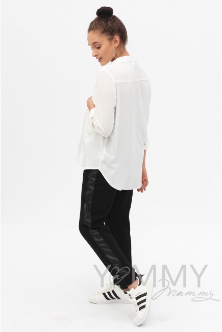 Брюки универсальные, с кожаными лампасами с начесом черные