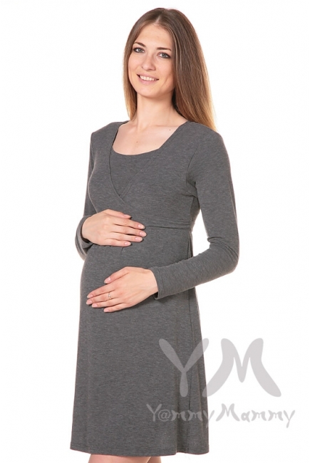 Платье с пояском на спине для беременных и кормящих, серый меланж