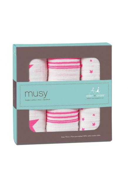 Муслиновые пеленки для новорожденных Aden&Anais средние, набор 3, Musy Neon Pink