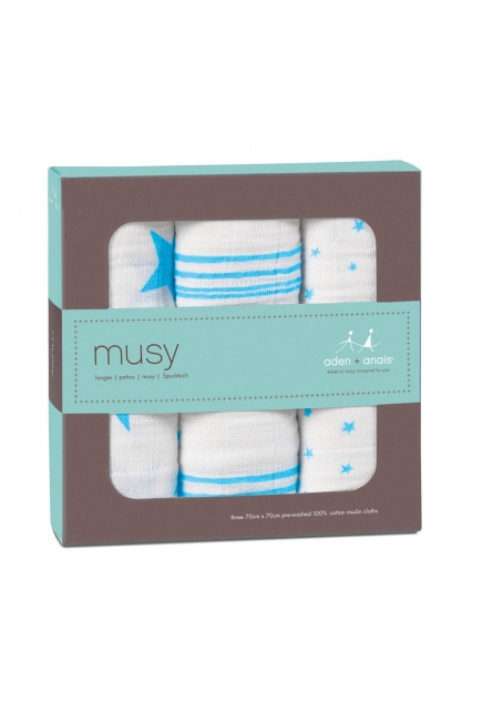 Муслиновые пеленки для новорожденных Aden&Anais средние, набор 3, Musy Neon Blue