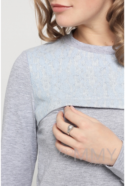 Свитшот для беременных и кормящих с секретом на молнии, серый меланж с кружевной вставкой