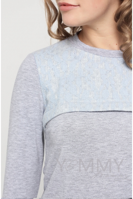 Свитшот для беременных и кормящих с секретом на молнии, серый меланж с кружевной вставкой