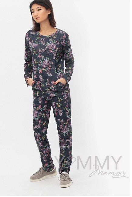 Костюм для кормящих и беременных с цветочным принтом, темно-синий меланж