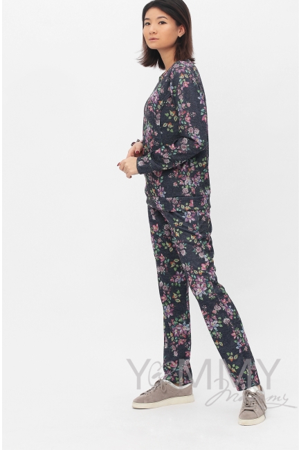 Костюм для кормящих и беременных с цветочным принтом, темно-синий меланж
