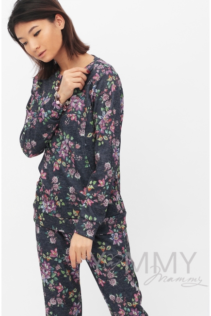 Костюм для кормящих и беременных с цветочным принтом, темно-синий меланж