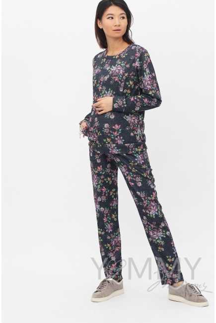 Костюм для кормящих и беременных с цветочным принтом, темно-синий меланж