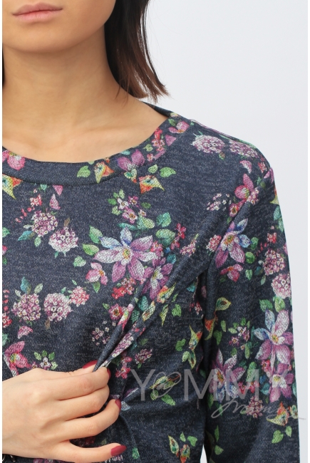 Костюм для кормящих и беременных с цветочным принтом, темно-синий меланж