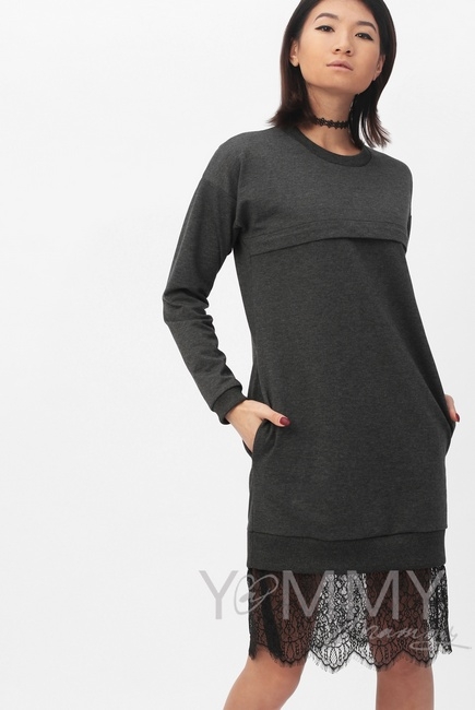 Платье для кормящих и беременных с кружевом, темно-серый меланж