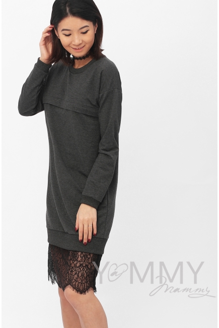 Платье для кормящих и беременных с кружевом, темно-серый меланж
