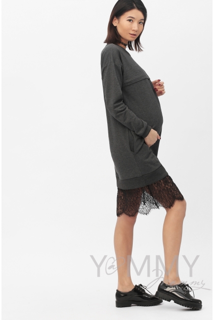 Платье для кормящих и беременных с кружевом, темно-серый меланж