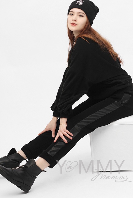 Брюки для кормящих и беременных универсальные, с кожаными лампасами с начесом черные