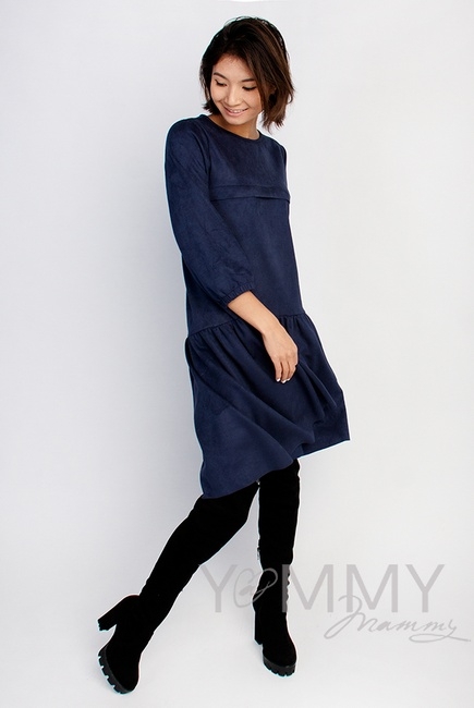 Замшевое платье для беременных и кормящих с воланом, темно-синее