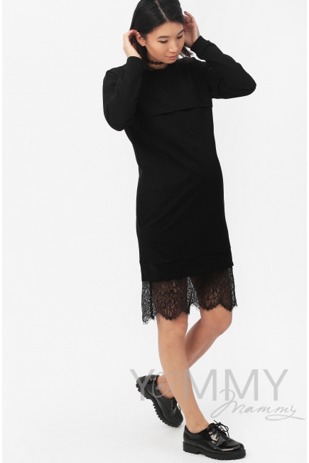 Платье для кормящих и беременных с кружевом, черное