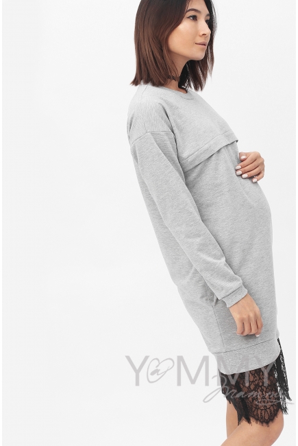 Платье для кормящих и беременных с кружевом, серый меланж