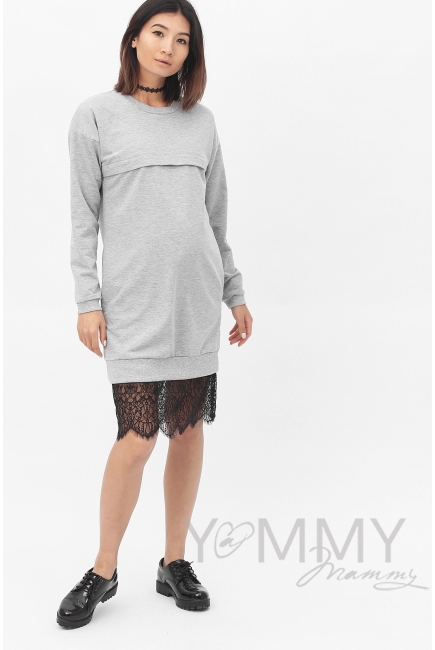 Платье для кормящих и беременных с кружевом, серый меланж