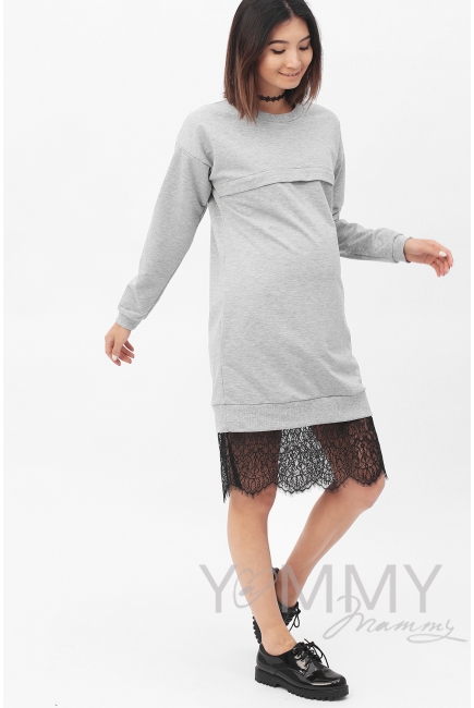 Платье для кормящих и беременных с кружевом, серый меланж