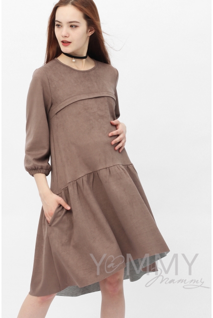 Замшевое платье для кормящих и беременных с воланом, серо-бежевое