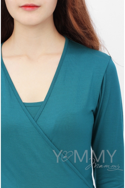 Платье на запах для беременных и кормящих с воланом, изумрудное