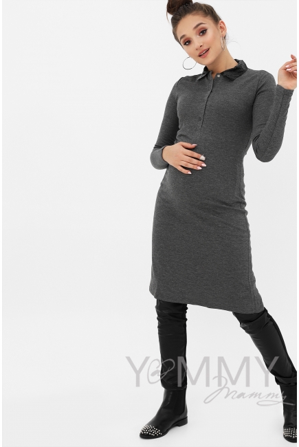 Платье с ажурным кожанным воротником темно-серый меланж для беременных