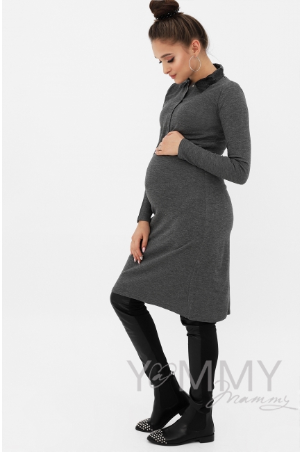 Платье с ажурным кожанным воротником темно-серый меланж для беременных